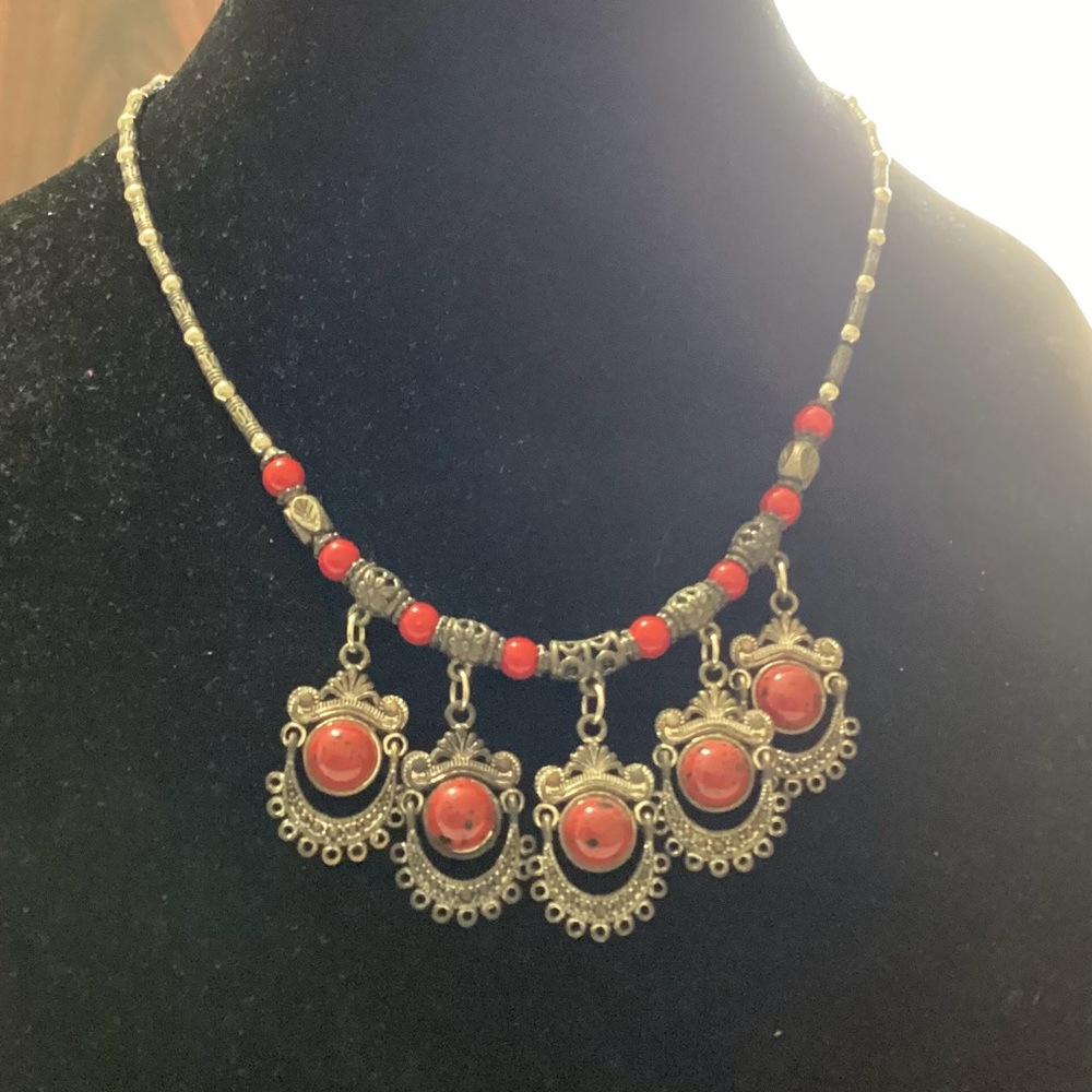 Red Beaded Statement Necklace with Ornate Silver Tone Pendant
